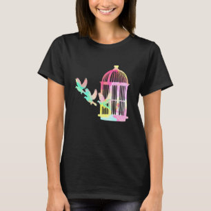 Camiseta Acuarela Aves En Jaula Volando Aves Mirando 1