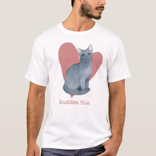 Camiseta Acuarela azul de gato ruso Corazón gitano rosado