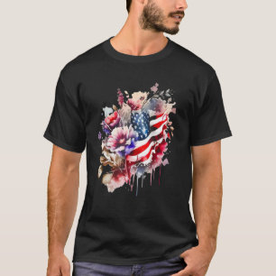 Camiseta Acuarela Bandera Estadounidense Flores 4 De Julio