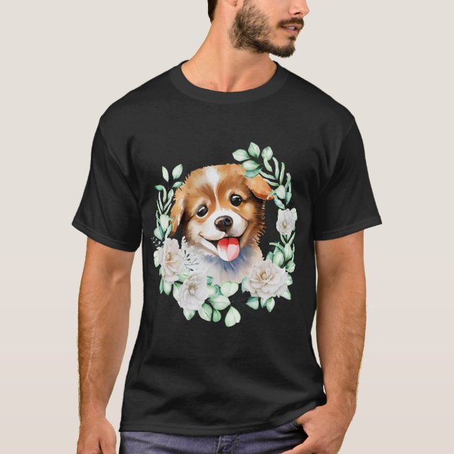 Camiseta Acuarela cachorro amor a las rosas blancas (Anverso)