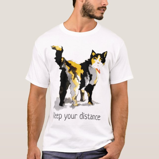 Camiseta Acuarela Calico Cat "Mantén tu distancia" (Anverso)