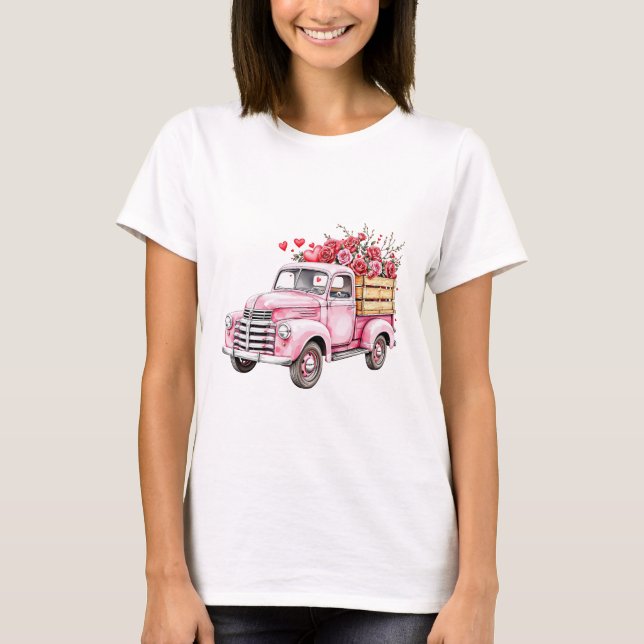 Camiseta acuarela Camión rosa con corazón y flores (Anverso)