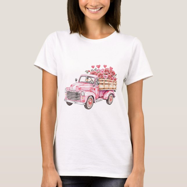 Camiseta acuarela Camión rosa con corazón y flores (Anverso)