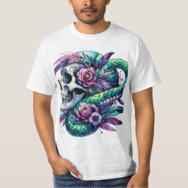 Camiseta Acuarela de calavera flores y serpiente