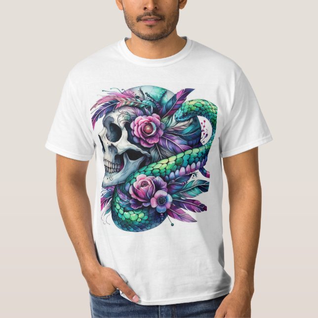 Camiseta Acuarela de calavera flores y serpiente (Anverso)