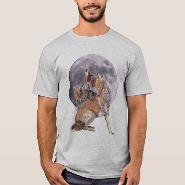 Camiseta Acuarela de Coyote Animal Coyote Pack en la Luna (Anverso)
