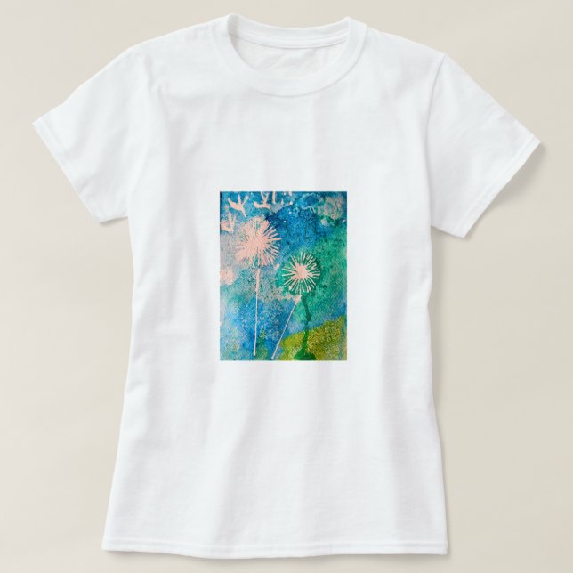 Camiseta acuarela de Dandelion azul y verde abstracto (Diseño del anverso)