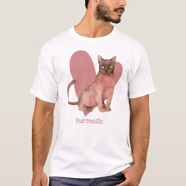 Camiseta Acuarela de gato birmano Corazón gitano rosado (Anverso)