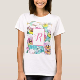 Camiseta Acuarela de pansies rosados monograma de personali
