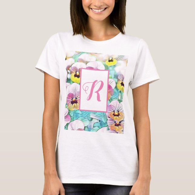 Camiseta Acuarela de pansies rosados monograma de personali (Anverso)