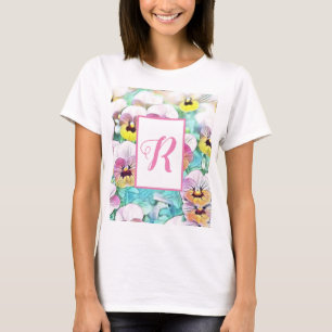 Camiseta Acuarela de pansies rosados monograma de personali
