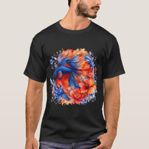 Camiseta Acuarela de pez betta naranja azul, floral vibrant