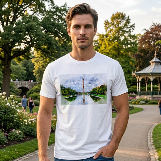 Camiseta Acuarela del Monumento a Washington con reflejo (Washington Monument Watercolor with Reflection. Men Basic White T-Shirt)