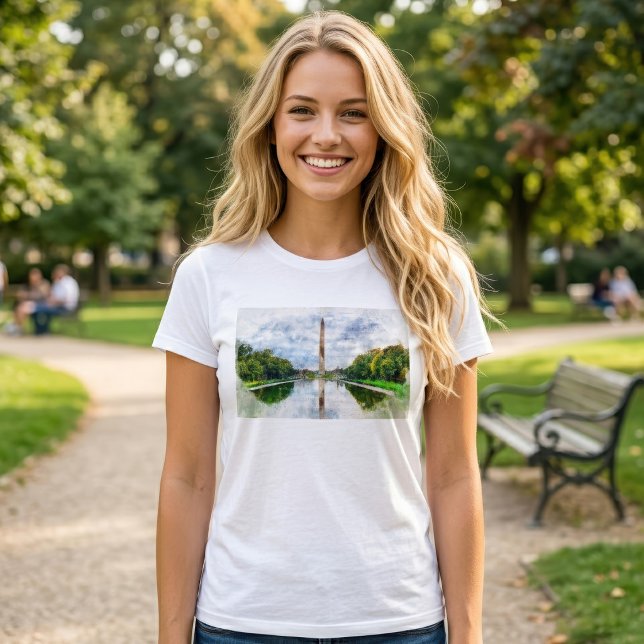 Camiseta Acuarela del Monumento a Washington con reflejo (Washington Monument Watercolor with Reflection. Women Basic White T-Shirt)