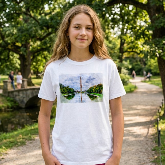 Camiseta Acuarela del Monumento a Washington con reflejo (Washington Monument Watercolor with Reflection. Girl Basic White T-Shirt)