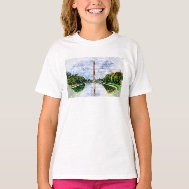 Camiseta acuarela del Monumento de Washington con reflexión (Anverso)