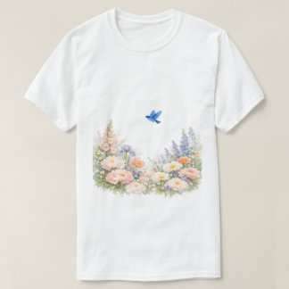Camiseta Acuarela Floral Pradera Flor Silvestre Azulejo 
