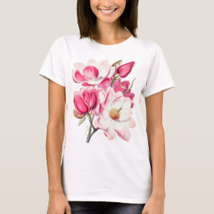 Camiseta Acuarela Flores de Magnolia Rosa Botánica