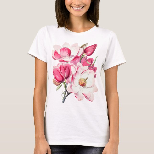 Camiseta Acuarela Flores de Magnolia Rosa Botánica (Anverso)