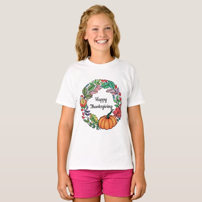 Camiseta Acuarela Hermosa guirnalda de calabaza con hojas (Anverso completo)