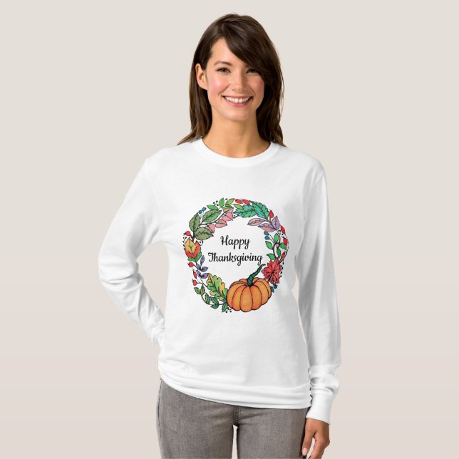 Camiseta Acuarela Hermosa guirnalda de calabaza con hojas (Anverso completo)