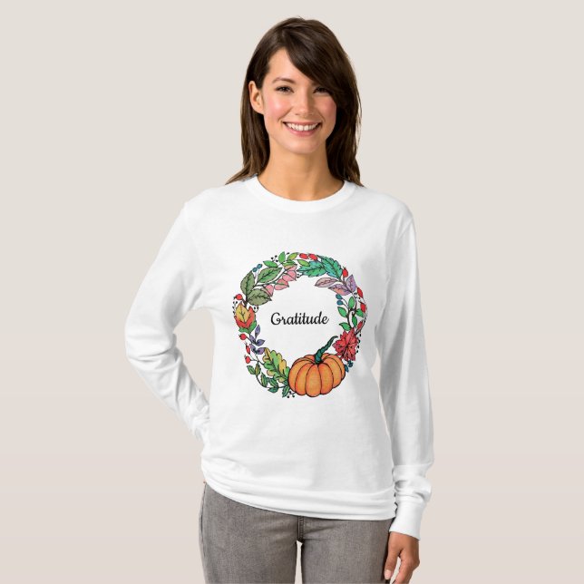 Camiseta Acuarela Hermosa guirnalda de calabaza con hojas (Anverso completo)