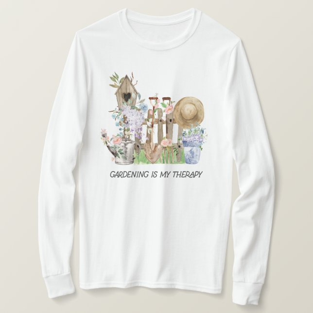 Camiseta Acuarela Herramientas de jardinería floral y Cita  (Anverso del diseño)