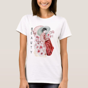 Camiseta Acuarela japonesa de geisha con Kimono y Sakura