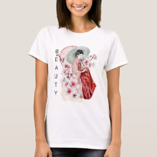 Camiseta Acuarela japonesa de geisha con Kimono y Sakura