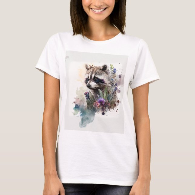 Camiseta Acuarela Mapache Lindo Flores de Primavera        (Anverso)