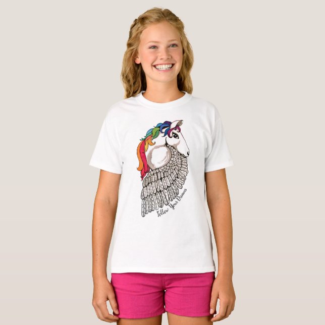 Camiseta Acuarela Pegaso con el pelo del arco iris (Anverso completo)