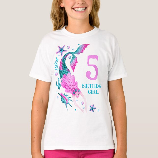 Camiseta Acuarela Sirenita Chica de cumpleaños bajo el mar (Anverso)