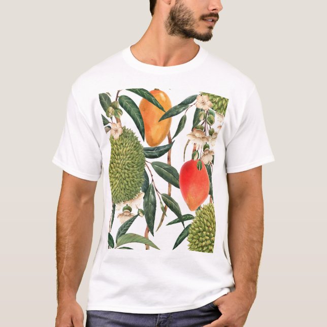Camiseta Acuarela tropical durión, patrón de mango. (Anverso)