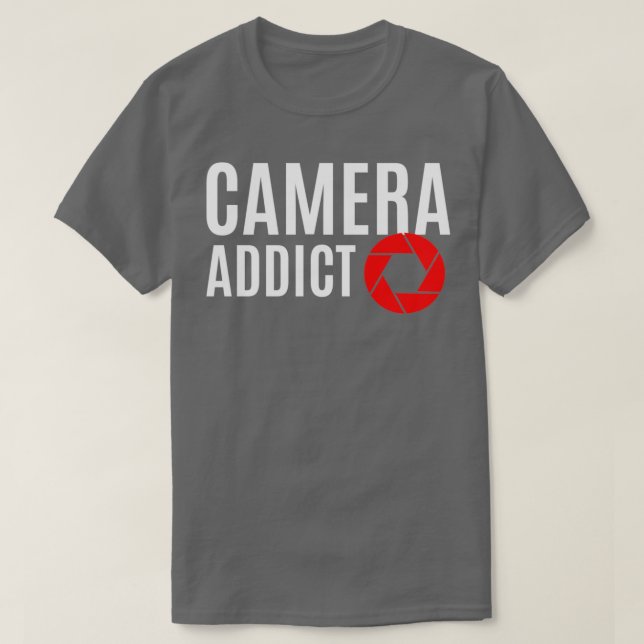 Camiseta Addicto de cámara blanca y diseño de apertura roja (Diseño del anverso)