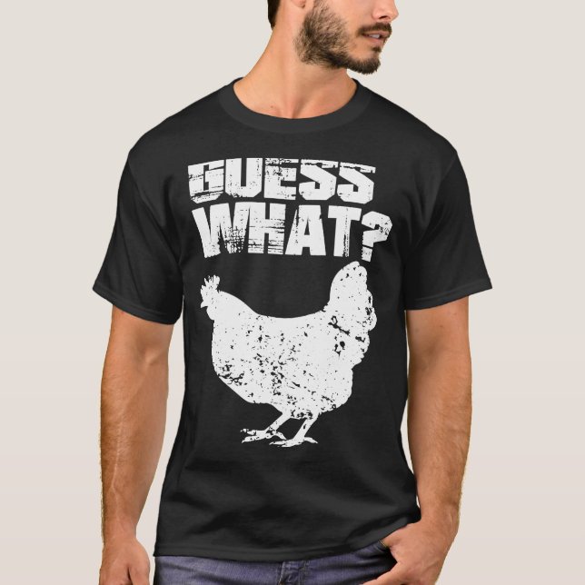Camiseta Adivinen qué diseño blanco y negro de pollo (Anverso)