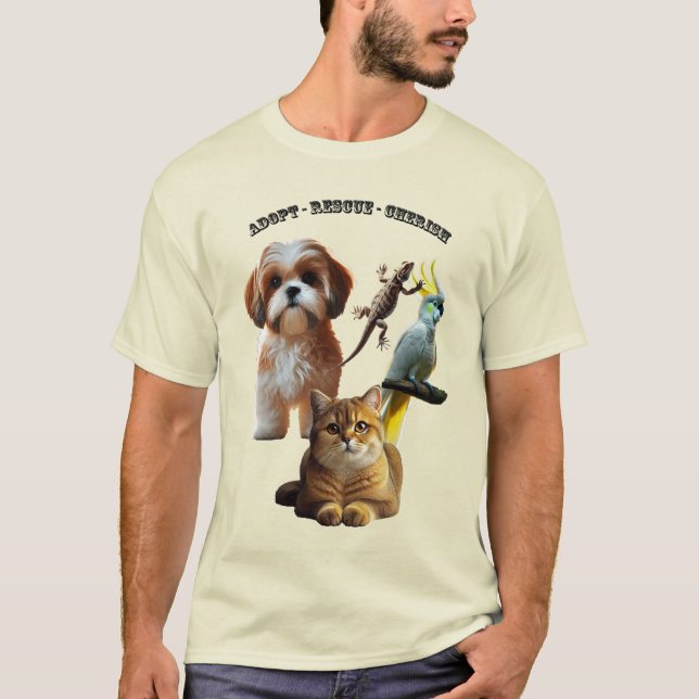 Camiseta Adopción mascota con perro, gato, pájaro y lagarti (Anverso)