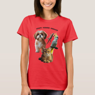 Camiseta Adopción mascota con perro, gato, pájaro y lagarti