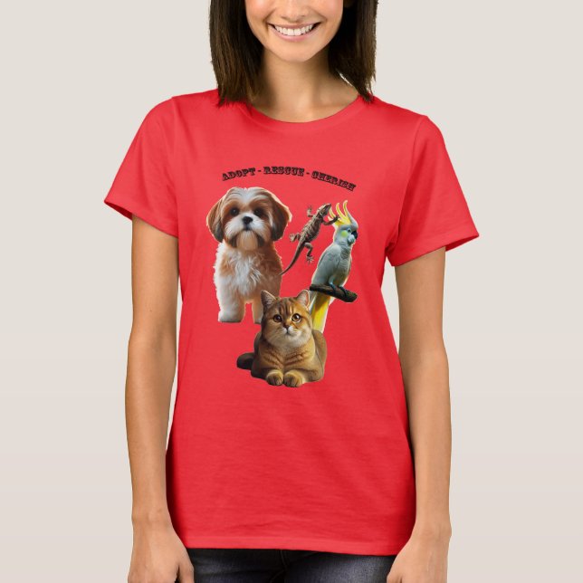 Camiseta Adopción mascota con perro, gato, pájaro y lagarti (Anverso)