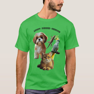 Camiseta Adopción mascota con perro, gato, pájaro y lagarti