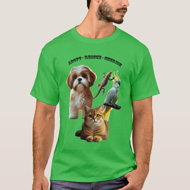 Camiseta Adopción mascota con perro, gato, pájaro y lagarti (Anverso)