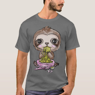 Camiseta Adorable Anime Kawaii Sloth Tee comiendo fideos de