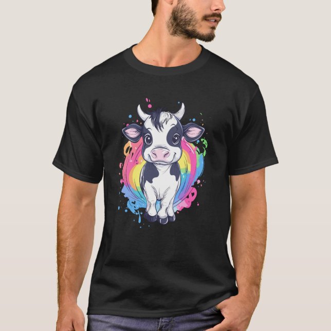 Camiseta Adorable Baby Calf with Rainbow Splash Cartoon (Anverso)