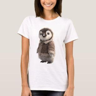 Camiseta Adorable Bebé Pingüino con un Marrón Tricotado Aco