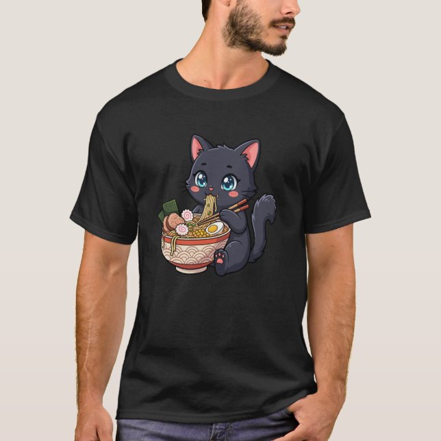 Camiseta Adorable Black Cat Eating Ramen Kawaii Design Boys (Anverso)