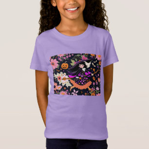 Camiseta Adorable Bruja De Halloween Con Flores Y Calabaza