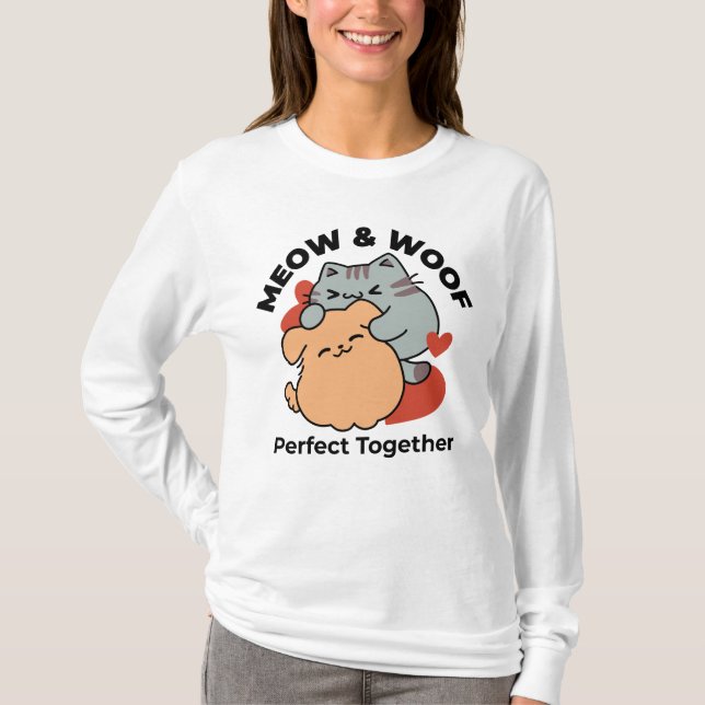 Camiseta Adorable Cat and Dog Hug - Diseño de Meow & Woof (Anverso)