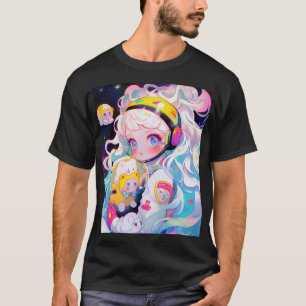 Camiseta Adorable Chica de Kawaii Anime en el espacio