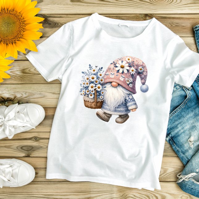 Camiseta Adorable dulce margarita de flores de gnome mujere (Daisy Flowers Gnome Women's T-shirt in Gray and White.)