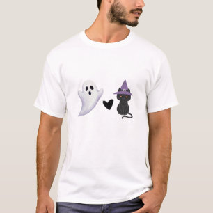 Camiseta Adorable Dúo de Halloween Fantasma Amigable y Gato