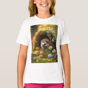Camiseta Adorable erizo en Mossy Log Home con flores